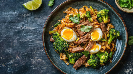 Savor the delightful combination of stir-fried noodles, tender beef strips, fresh broccoli, and perfectly soft-boiled eggs in this vibrant dish.の素材
