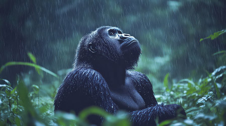 A majestic gorilla gazes upward amid falling rain in a vibrant green jungle, highlighting its striking features and serene expression in nature's embrace.の素材