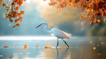 A stunning white egret gracefully walks through calm waters, surrounded by vibrant autumn leaves. The soft light creates a serene atmosphere, showcasing the beauty of nature.の素材