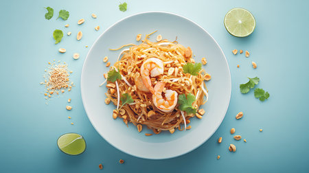 A vibrant plate of shrimp pad thai features delicate noodles topped with fresh shrimp, crushed peanuts, and lime wedges, perfect for food enthusiasts.の素材