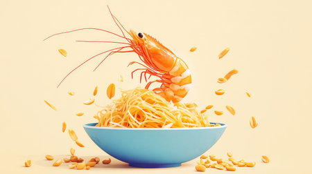 A captivating image showcasing a vibrant shrimp perched on a mound of pasta, surrounded by scattered nuts, perfect for culinary projects or food-related themes.の素材