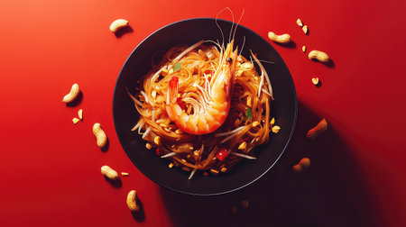 A vibrant and appetizing plate featuring shrimp and noodles, garnished with peanuts, set against a striking red background. Perfect for food photography.の素材
