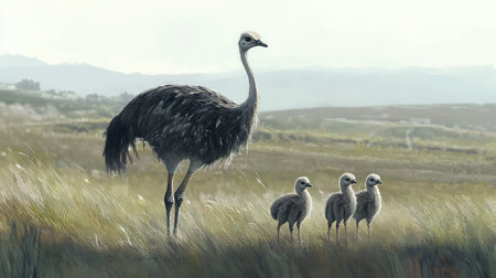 A serene scene depicting a graceful ostrich and its three fluffy chicks in a tranquil landscape. This captivating image captures the beauty of nature.の素材
