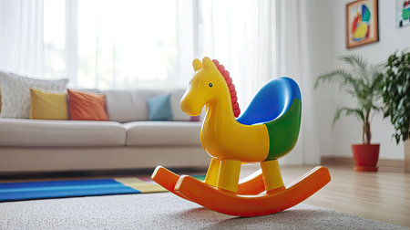 A vibrant rocking horse toy designed for children, positioned in a bright living room filled with natural light. Perfect for creating joyful memories.の素材
