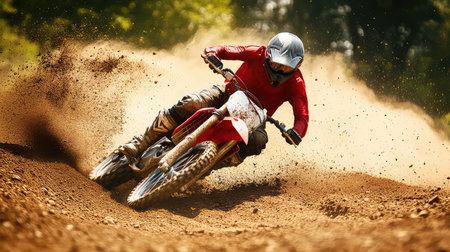 A dynamic motocross rider showcases exceptional skill as they navigate a dirt track, creating dust clouds in the bright sunlight. The exhilarating scene captures the essence of speed and adventure in outdoor sports.の素材
