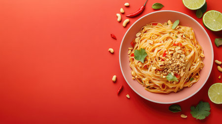 A vibrant bowl of spicy noodles adorned with crushed peanuts, fresh herbs, and lime slices, set against a bold red background, perfect for food lovers.の素材