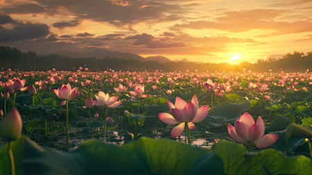 A stunning sunset casts a warm glow over a field of lotus flowers, creating a tranquil scene. The gentle water reflects the soft pink blooms and lush greenery, evoking peace and natural beauty.の素材