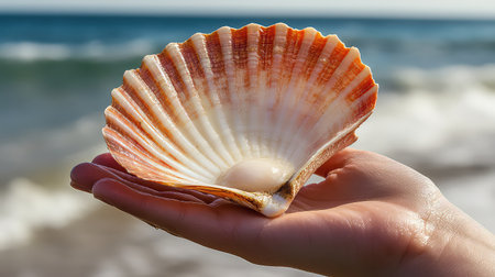 A hand delicately cradles a beautiful scallop shell, showcasing its vibrant colors against the backdrop of tranquil ocean waves, capturing the essence of summer.の素材