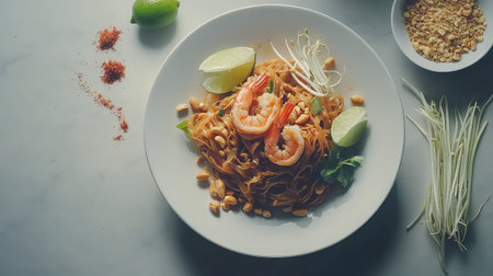 A vibrant plate of shrimp noodles presents a delightful meal with fresh lime, herbs, and peanuts, showcasing culinary artistry and flavor.の素材