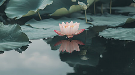 A beautiful pink lotus flower gracefully floats on the calm surface of water, surrounded by lush green leaves. The serene ambiance and clear reflections create a peaceful natural scene, ideal for nature lovers.の素材