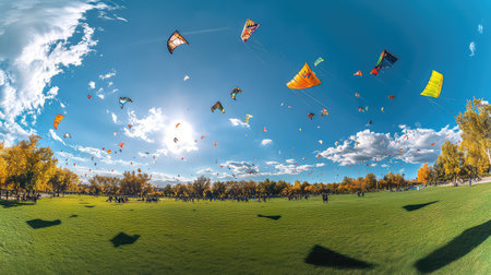 A lively kite festival showcases colorful kites soaring high in the blue sky above a green park. Families and friends gather under the warm sun, creating a joyful atmosphere.の素材