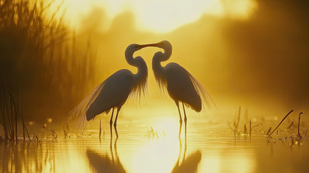 A stunning silhouette of two white herons locked in an elegant pose at sunrise, set against a tranquil waterside reflecting golden light and mist.の素材