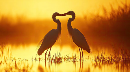 Two graceful herons stand closely together, their silhouettes framed by a stunning sunset, creating a romantic and tranquil scene by the water.の素材