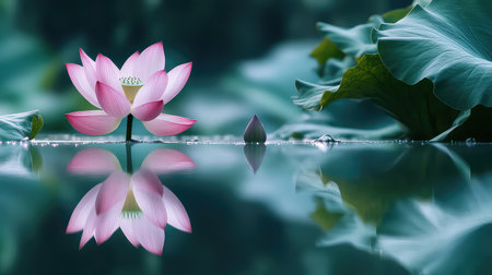 A breathtaking pink lotus flower delicately blooms on tranquil water, reflecting its beauty amidst lush green leaves, creating a serene and peaceful scene.の素材