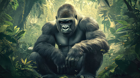 A striking portrait of a majestic gorilla sitting serenely in its lush jungle habitat, showcasing the intricate details of its fur in a vibrant green setting.の素材