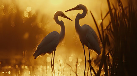 Two elegant white birds stand together in a serene wetland at sunset, creating a beautiful silhouette against the glowing golden sky, symbolizing love and tranquility.の素材