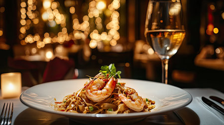 A beautifully plated shrimp pasta dish sits elegantly on a table in a romantic restaurant, accompanied by a glass of white wine, creating a sophisticated dining experience.の素材