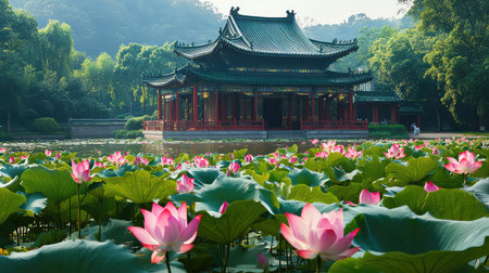 This captivating image showcases a traditional pavilion surrounded by blooming lotus flowers in a tranquil pond, highlighting the beauty of nature in a serene setting.の素材
