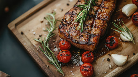 A beautifully plated grilled steak garnished with fresh rosemary and accompanied by roasted cherry tomatoes and garlic on a rustic wooden board.の素材