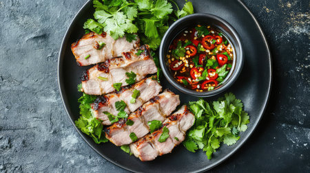 Grilled sliced pork served on a black plate, garnished with fresh cilantro and accompanied by a vibrant spicy dipping sauce, perfect for culinary delights.の素材