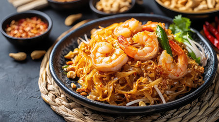 A vibrant and inviting plate of shrimp Pad Thai garnished with fresh herbs and spices, showcasing the rich flavors of traditional Thai cuisine.の素材
