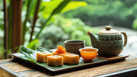 A serene tea setting featuring traditional snacks and a teapot on a bamboo table. Lush greenery surrounds the scene, creating a cozy and relaxing atmosphere.の素材