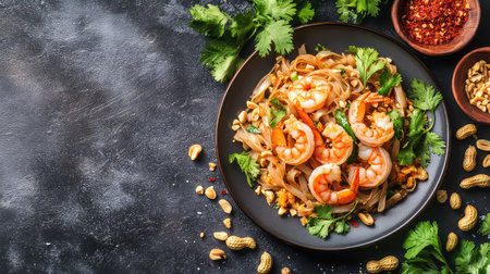 This image showcases a beautifully arranged plate of stir-fried noodles topped with succulent shrimp, fresh herbs, and vibrant spices, perfect for culinary inspiration.の素材