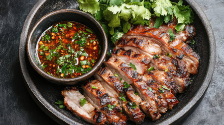 A delectable serving of juicy grilled meat paired with fresh herbs and a spicy dipping sauce, beautifully arranged on a sleek black plate. Perfect for food lovers.の素材