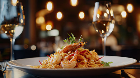 A beautifully presented gourmet shrimp pasta dish garnished with fresh herbs sits in an upscale restaurant setting, accompanied by elegant wine glasses and warm lighting.の素材