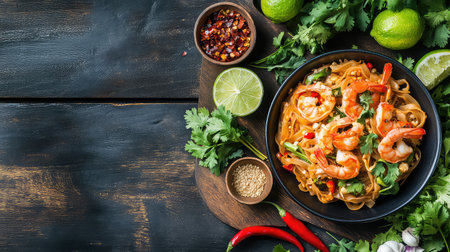 A vibrant and appetizing shrimp noodle dish featuring fresh vegetables and aromatic herbs, beautifully presented on a rustic wooden background. Perfect for food enthusiasts.の素材