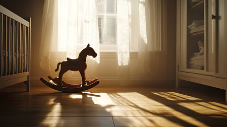 A beautifully lit nursery showcasing a wooden rocking horse, bathed in natural sunlight streaming through sheer curtains, creating a calming atmosphere.の素材