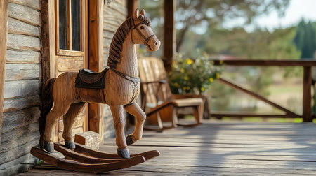 A beautifully crafted wooden rocking horse stands on a sunlit porch, surrounded by rustic elements. This serene and nostalgic scene evokes childhood memories, offering a glimpse into simple pleasures. Perfect for themes of home and leisure.の素材