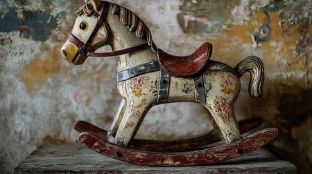 This vintage wooden rocking horse features intricate details and a rustic charm, perfect for nostalgic decor or children's rooms. Its antique style adds warmth and character to any space, evoking childhood memories and playful joy.の素材