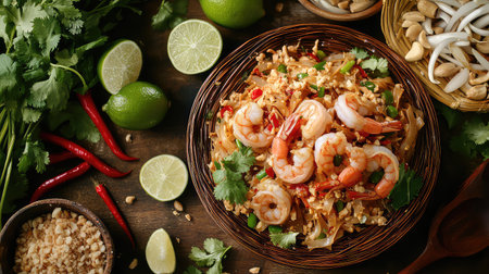A vibrant display of fresh shrimp Pad Thai garnished with peanuts, lime, and colorful vegetables on a rustic wooden table, perfect for culinary enthusiasts.の素材