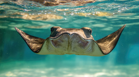 A stunning image of a stingray gliding effortlessly through clear blue water, showcasing its elegant form and peaceful presence in the marine environment.の素材