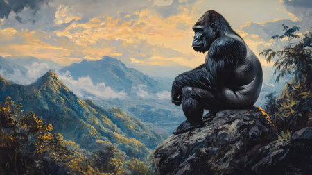 A majestic gorilla sitting quietly on a rocky ledge, gazing across a breathtaking mountain landscape at sunset, embodying serenity and power.の素材