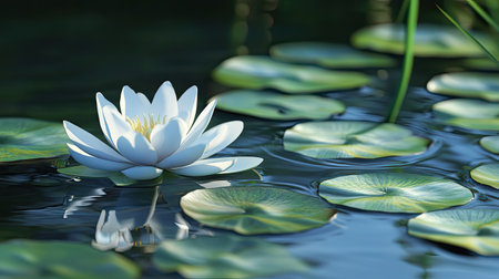 A serene white lotus flower floats gracefully on calm water, surrounded by lush green lily pads, capturing the tranquility and beauty of nature in a peaceful pond setting.の素材