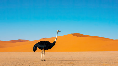A majestic ostrich stands gracefully on a sprawling desert landscape, with warm orange sand dunes and a clear blue sky, portraying the essence of nature.の素材