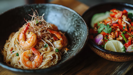 Savor a delightful serving of shrimp noodles paired with a vibrant salad, crafted for a visually appealing culinary experience on a wooden surface.の素材