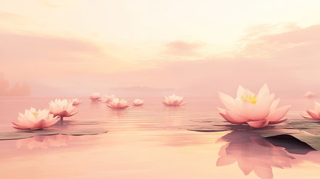 A picturesque scene featuring blooming water lilies on a calm lake at sunrise, showcasing soft pastel colors and gentle reflections that evoke peace and serenity.の素材