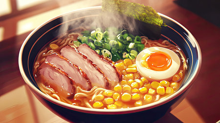 A beautifully presented bowl of ramen featuring layers of savory broth, tender noodles, fresh corn, sliced chashu, and an egg, with steam rising.の素材