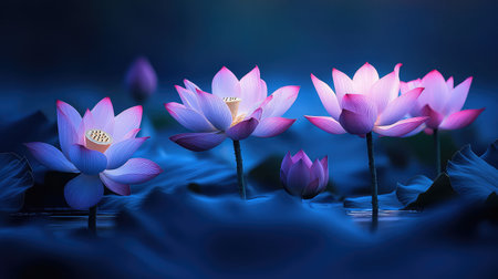 A captivating image of delicate water lilies gracefully floating on a serene blue pond, illuminated by soft light, perfect for serene nature themes.の素材