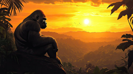 A powerful and serene image of a gorilla perched on a rock, gazing over a stunning sunset that casts warm hues over lush mountains, creating a tranquil atmosphere.の素材
