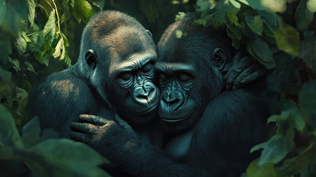 A serene image showing two gorillas embracing in a lush green jungle. This touching moment captures the essence of wildlife relationships and the beauty of their natural habitat.の素材