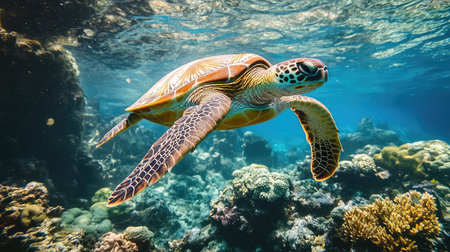 A graceful sea turtle glides through the clear blue waters, showcasing vibrant coral reefs and rich marine life. The serene underwater scene captures the beauty of nature.の素材