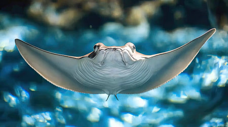 A stunning photograph of a stingray gliding gracefully through the serene blue waters, showcasing the beauty and tranquility of underwater life. Perfect for ocean and wildlife themes.の素材