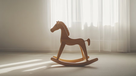 A charming wooden rocking horse positioned in a sunlit room, surrounded by soft light that filters through sheer curtains, evoking warmth and nostalgia.の素材