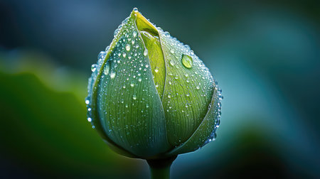 This stunning close-up showcases a lotus flower bud adorned with glistening raindrops, highlighting the delicate beauty of nature. The vibrant greens and intricate textures create a serene atmosphere, perfect for nature lovers and wellness themes.の素材