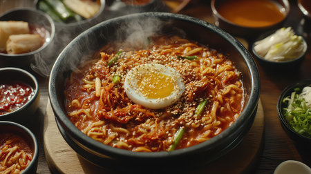 A delicious bowl of hot and spicy noodle soup featuring a perfectly cooked egg and sesame seeds, surrounded by an assortment of flavorful sides.の素材