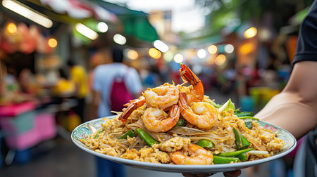 A vibrant plate of shrimp pad thai showcases fresh vegetables in a lively night market, capturing the essence of street food culture and culinary experience.の素材